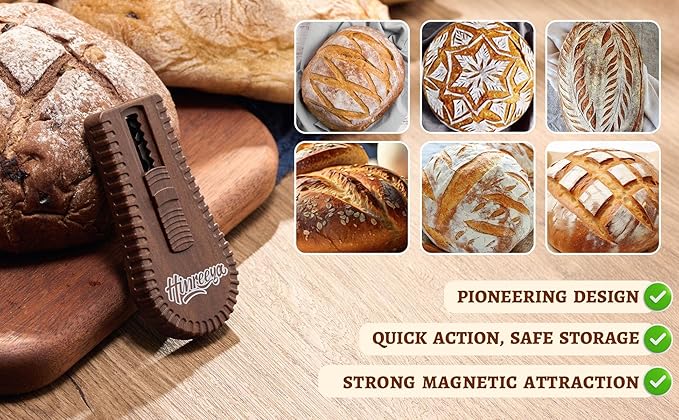 Sourdough Scoring Tool, Magnetic Bread Lame, Bread Scoring Tool with 5 Replaceable Blades, Dough Knife, Ergonomic ABS Handle for Perfect Dough Scoring on Artisan Bread (Walnut)
