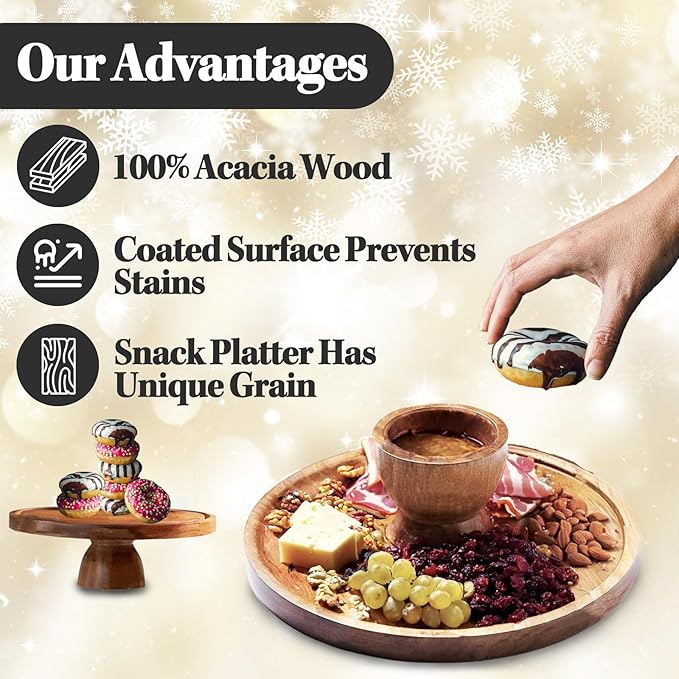Cake Stand with Acrylic Dome Lid 2-in-1 - Multifunctional Round Shatterproof Dessert Table Display Set with Acacia Wood Serving Platter, Veggie Tray, Fruit Bowl - Party Cake Display