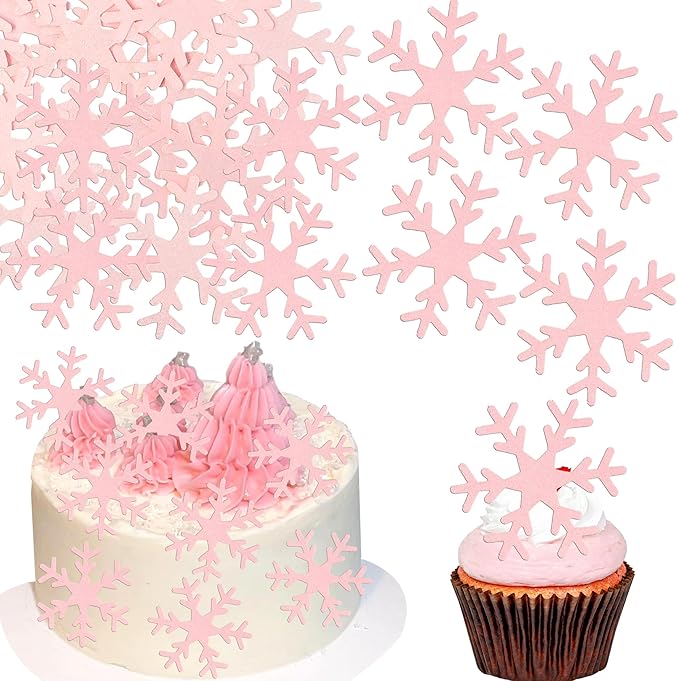 Gyufise 60Pcs Edible Snowflake Cupcake Toppers Winter Cupcake Picks Water Paper Winter Frozen Cake Decorations for Snowflake Theme Baby Shower Kids Birthday Party Supplies Pink