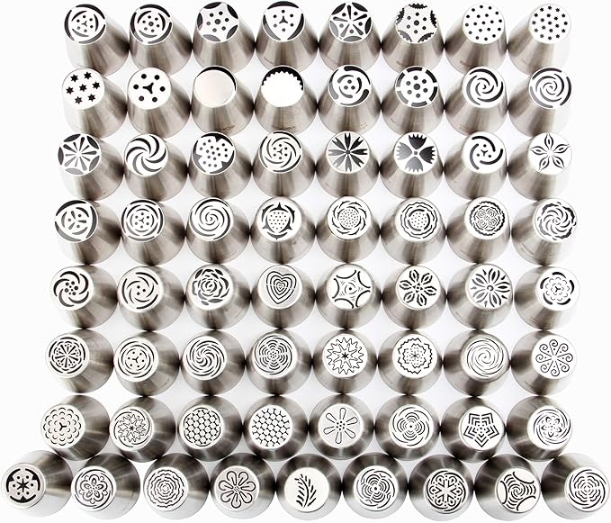 65 Pieces Stainless Steel Large Russian Piping Tips Kit,1 Cleaning Brush,2 Plastic Coupler,2 Leaf Icing Tip,10 Pastry Bags,Cupcake Dessert Baking Tools for Cake Decorations