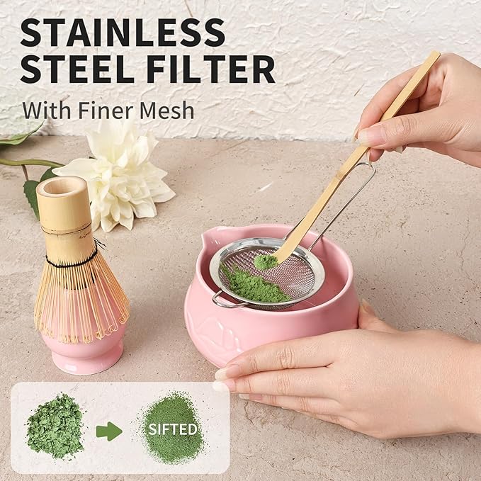 Matcha Whisk Set with Bowl, 8 Pcs Matcha Kit with Ceramic Holder, Scoop Holder, Sifter, Tea Towel, Greeting Card, Bamboo Whisk and Scoop, Pink Christmas Gift for Tea Lovers