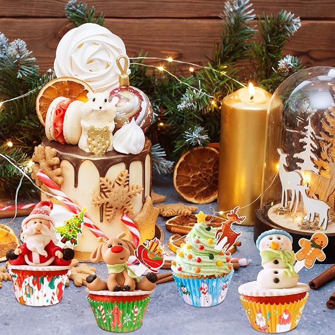 Christmas Cupcake Liners with Toppers Picks, Standard Wrappers Cupcake Disposable Baking Cups Muffin Liners for Xmas Holiday Party Favors, Party Decorations for Christmas Baking Supplies