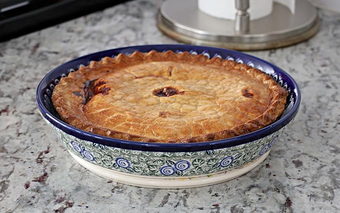 Blue Rose Polish Pottery - Green Seaside Swirl Pie Plate - 9.75" Diameter - Ceramic Baking Dish, For Pies, Quiches & Desserts