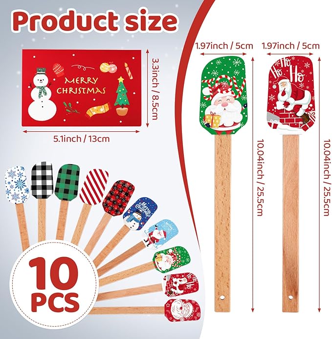 Nitial 10 Pieces Christmas Silicone Spatula Gift Set with Wooden Handle Santa Baking Kitchen Spatula with Christmas Cards for Women Cooking Housewarming (Retro Color)