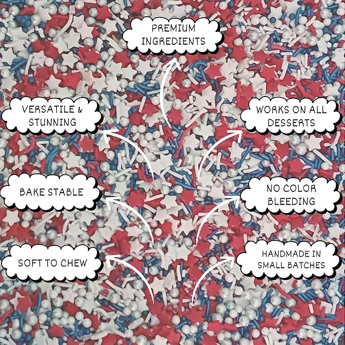 Confect Cake Mate Edible Sprinkles – Red, White, Navy blue & Silver Star, Pearl Dragees – Vegan Cake and Cupcake Decorating Toppings for Cookies & Ice Cream | Vegan, Gluten-Free, Soy-Free, Dairy-Free, Palm Oil-Free- 4.2 Oz