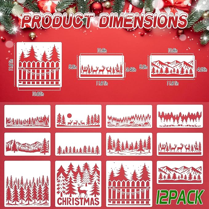 12 Pcs Large Christmas Window Stencils, Reusable Winter Scene Forest Reindeer Stencil, Mountain Tree Stencils for Painting on Wood Doormat Glass Fabric