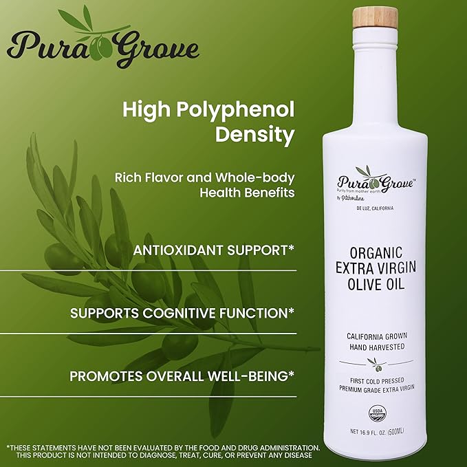 Pura Grove Organic Cold Pressed Extra Virgin Olive Oil Premium Grade - High Polyphenol - Hand Harvested & California Grown - 16.9Oz Opaque Glass Bottle