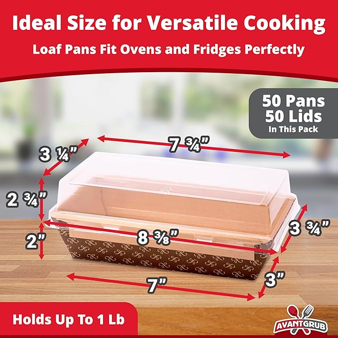 Chef-Grade 1Lb Paper Loaf Pans w/Lids 50Pk. Elegant Disposable, Bakeable Kraft Pan Supplies for Baking Bread, Small Meatloaf, Bundt Cake Sweets for Holiday Gifts, Bake Sales or Fundraiser.