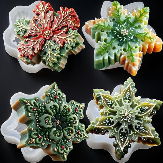 Snowflake Silicone Molds Christmas Snowflake Soap Molds Snowflakes Candle Mold 3D Christmas Silicone Chocolate Mold for Making Soaps Candles Bath Bomb Cookie Cake Candy Chocolate Muffins Ice(4 White)