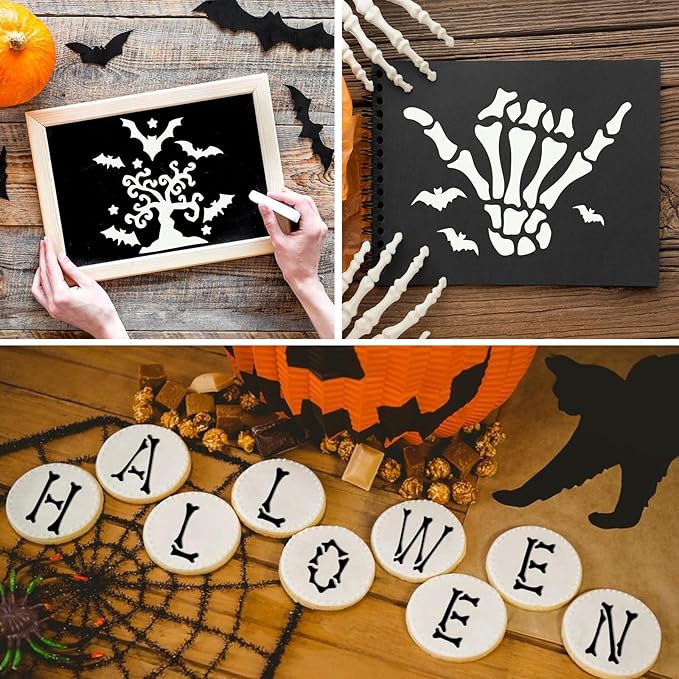 80 Pcs 6 x 6 Inch Halloween Stencils for Painting on Wood, Reusable Happy Pumpkin Spider Web Stencil DIY Ornaments Ghost Paint Template Set for Wall Door Home Decor