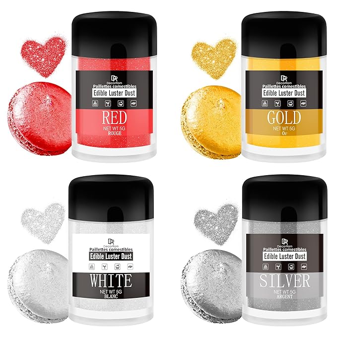 Edible Glitter Set - Luster Dust Edible Set 4 Metallic Colors - Food Grade Coloring Glitter Shimmer Dust Powder for Cocktail, Wine, Cake Decorating, Baking, Drinks, Fondant, Candy, Cookie - 5g Each