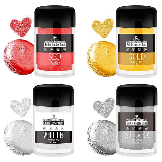 Edible Glitter Set - Luster Dust Edible Set 4 Metallic Colors - Food Grade Coloring Glitter Shimmer Dust Powder for Cocktail, Wine, Cake Decorating, Baking, Drinks, Fondant, Candy, Cookie - 5g Each