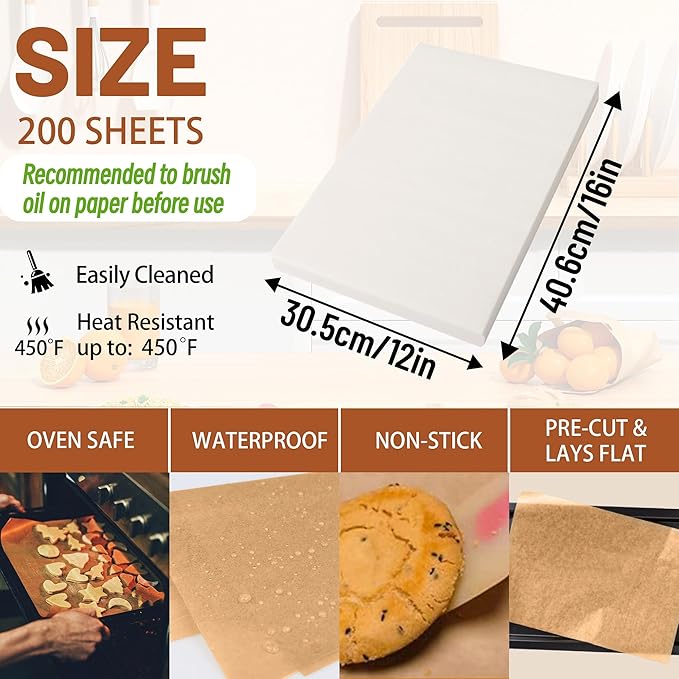 200 Pcs Parchment Paper Baking Sheets, 12"x16" Precut Non-Stick Baking Parchment Paper Sheets Bun Sheet Pan Liners.Baking Grilling Air Fryer Steaming Bread Cup Cake Cookie (White-12"x16")