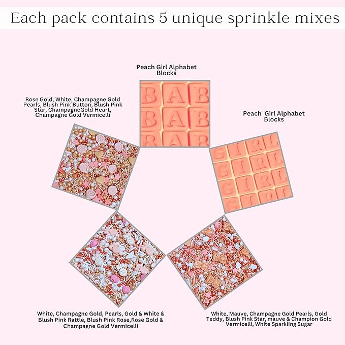 Confect Girls Baby Shower Sprinkles | Gender Reveal Sprinkles | Assorted Pack of 5 Mix Rose Gold, Peach, Blush Pink & Gold Edible Sprinkle | Vegan, Gluten-Free, Nut-Free, Soy-Free, Dairy-Free, Palm Oil-Free - 5 Oz