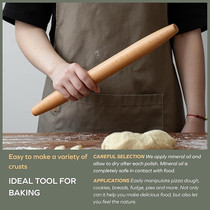 Muso Wood Wooden French Rolling Pin for Baking, Beech Wood Tapered Rolling Pin for Fondant Pie Crust Cookie Pastry(French 17.5-Inch)