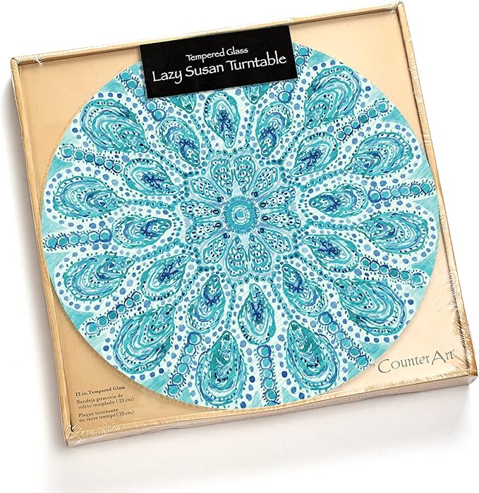 Ocean Fantasy 4mm Tempered Glass Lazy Susan Turntable 13" Round Cake Plate, Pizza Stand, Condiment Caddy