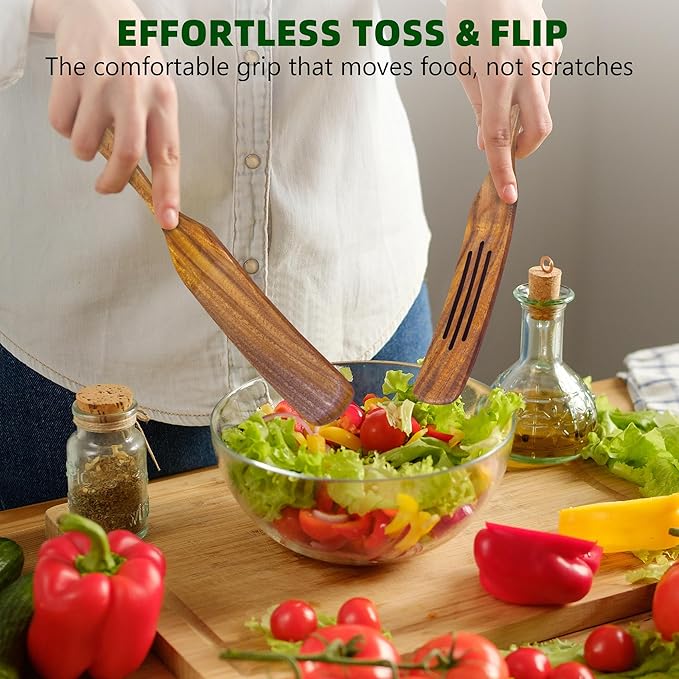 5 PCS Wooden Spatula for Cooking, Natural Teak Wooden Utensil Set, Non-Toxic Wood Cooking Utensil, Handmade Comfort Grip Wood Spoons for Nonstick Cookware