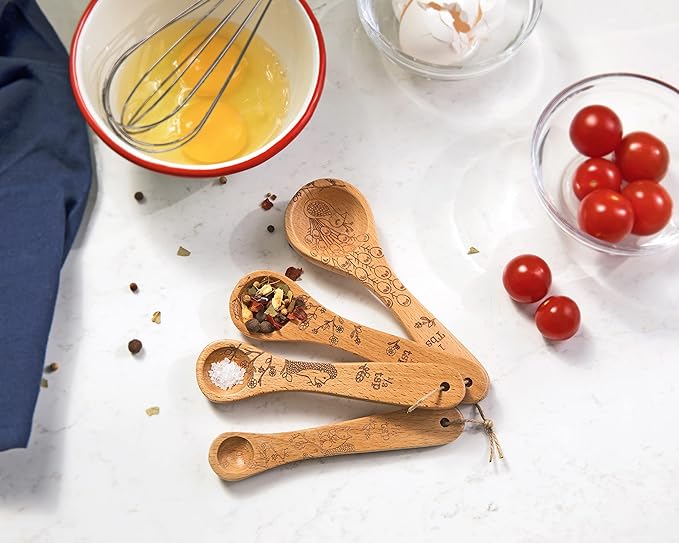 Talisman Designs Laser Etched Beechwood | Set of 4 | Woodland Design | Natural, Wooden Measuring Spoons Set| Cute & Functional Kitchen Tools