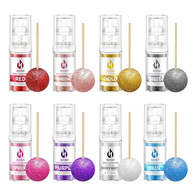 Edible Glitter Spray Set - 8 Colors Food Grade Cake Glitter, Metallic Shimmer Powder Spray for Cupcakes, Cookies, Chocolate, Strawberries & Drinks, 5g/Bottle