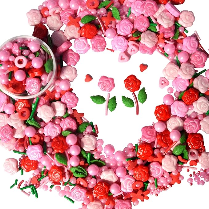 Valentines Sprinkles Pink Red Rose Flower Cake Pearls Edible Sprinkles for Cake Decorating Fancy Sprinkles Cupcake and Cake Topper Cookie Baking Decorations