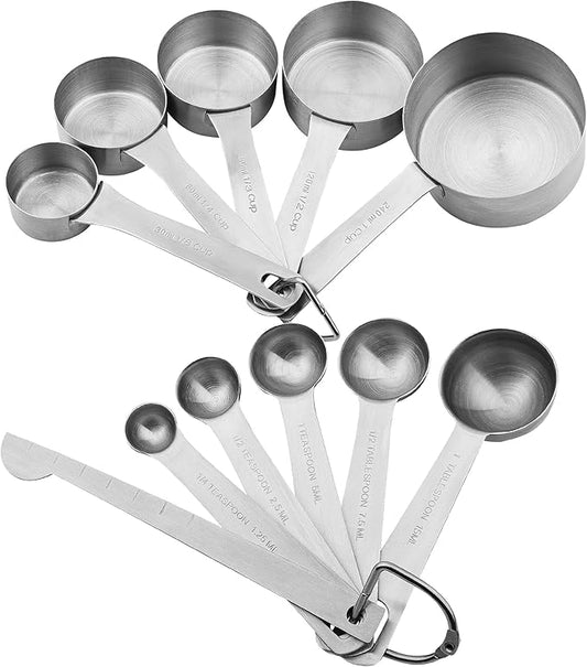 Smithcraft Stainless Steel Measuring Cups and Spoons Set 18/8(304) Steel Material Heavy Duty 5 Measuring cups and 5 Measuring Spoons 1 Leveler and 2 rings Pack 13pcs Per set