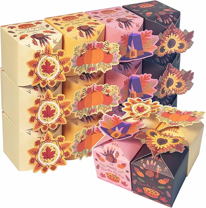 qiqee Thanksgiving Gift Boxes Small Fall Treat Cookie Boxes 3D Square Turkey Pumpkin Maple Flower Print Bakery Box for Gifts Giving Festival Party, Chocolate, Pudding (56pcs 3.3"x3.3"x3.3")
