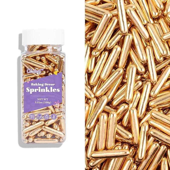 Cobakey Bright Gold Sprinkles for Cake Decorations 100g/ 3.52oz Rods Metallic Pearl Sugar Sprinkles for Cupcake Toppers Wedding Party Valentines Halloween Christmas Supplies