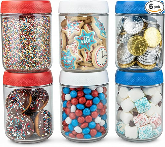 C&O ESSENTIALS 16 oz Glass Mason Jars with Airtight Lids - Wide Mouth Canning Jars for Food Storage, Meal Prep, Overnight Oats, Preserving, Pickling (6-Pack) (Red, White & Blue - America)