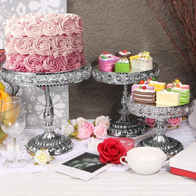 12-Piece Silver Cake Stand Set, Vintage Cake Stand with Crystal Edge and Cupcake Display Tray, Dessert Table Display Set for Wedding, Party, Baby Shower, Anniversary Celebration