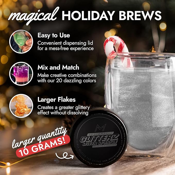 MONÉGASQUE Silver Edible Glitter for Drinks 10g – Silver Edible Glitter for Cakes – Drink Shimmer Powder for Cocktails Sparkles – Christmas Cake Decorations Spray – Cupcake & Cake Decorating Sprinkles