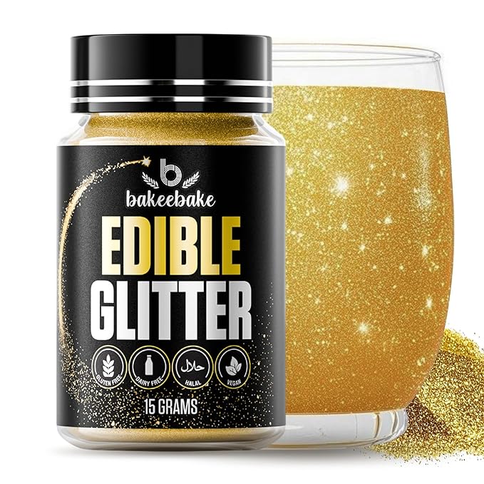 Bakeebake Edible Glitter 15g - Edible Glitter for Drinks & Desserts - Gluten Free Cake Decorating – Tasteless Vegan Drink Cocktails and Parties (Gold, 15 grams)