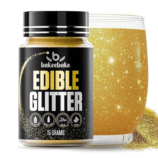 Bakeebake Edible Glitter 15g - Edible Glitter for Drinks & Desserts - Gluten Free Cake Decorating – Tasteless Vegan Drink Cocktails and Parties (Gold, 15 grams)