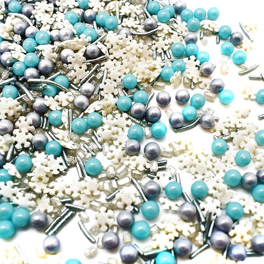 Wintertime Magic - 8 Oz Resealable Bag - Christmas Themed Sprinkles - Featuring White Snowflakes, Silver Jimmies, Silver Pearls and Baby Blue Pearls - Cake and Ice Cream Sprinkles