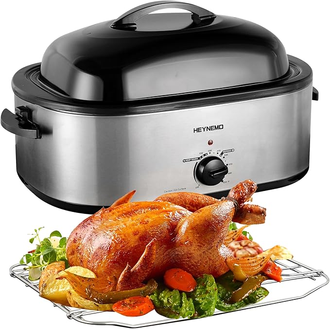 Roaster Oven 18Qt, Multifunctional Electric Roaster Oven for Turkey Meats Bread Soup Sauce, Fast-Cooking Turkey Roaster with Self-Basting Lid, Removable Pan and Rack, Stainless Steel