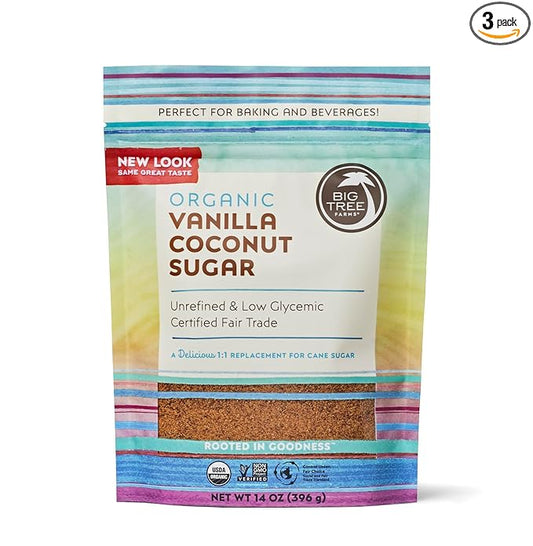 Big Tree Farms Organic Vanilla Coconut Sugar - Coconut Palm Sugar, Unrefined, Fine Crystals, Cane Sugar Replacement, Coconut Blossom Nectar, Vegan, Perfect for Baking - 14 Oz (Pack of 3)