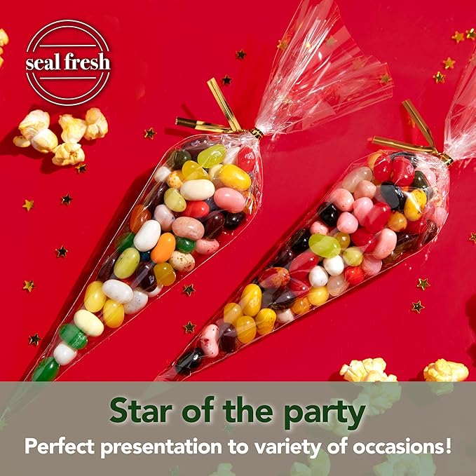 Seal Fresh Cone Cellophane Bags with Twist Ties – 5 x 10 Inch (120 Pack) — Clear Cone-Shaped Treat Bags for Candy, Snacks, Popcorn, Party Favors, Gifts