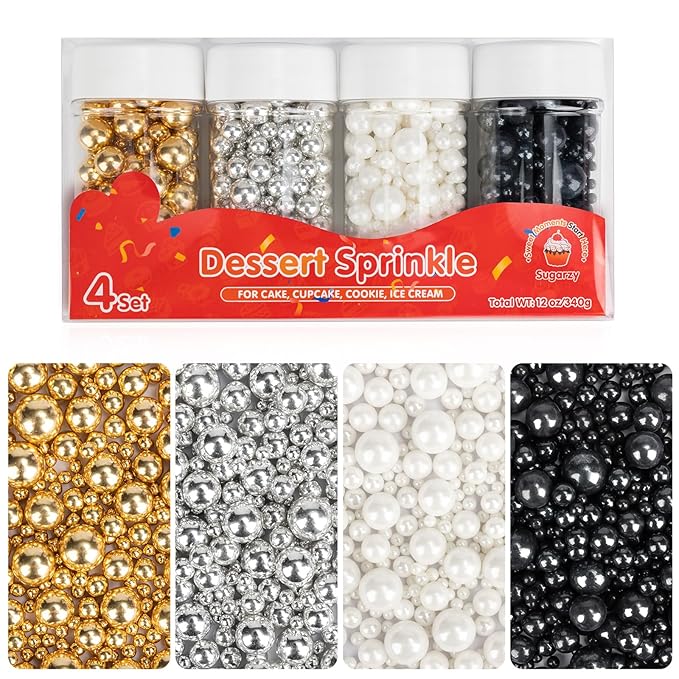 Christmas Edible Pearl Sprinkles for Cake Decorating,4 Pack,5.3oz,Gold Silver White and Black Sugar Pearls Sprinkle Mix,Perfect for Cake Decorations,Baking,Ice Cream,Cookies,Cupcake Topper,Birthday Holiday Party Wedding Valentines Supplies