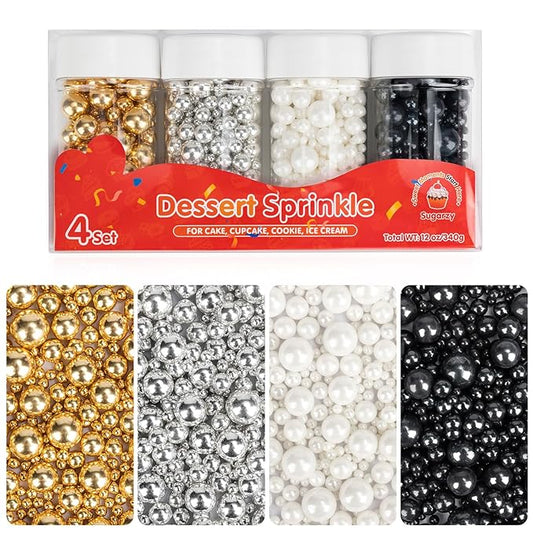 Christmas Edible Pearl Sprinkles for Cake Decorating,4 Pack,5.3oz,Gold Silver White and Black Sugar Pearls Sprinkle Mix,Perfect for Cake Decorations,Baking,Ice Cream,Cookies,Cupcake Topper,Birthday Holiday Party Wedding Valentines Supplies
