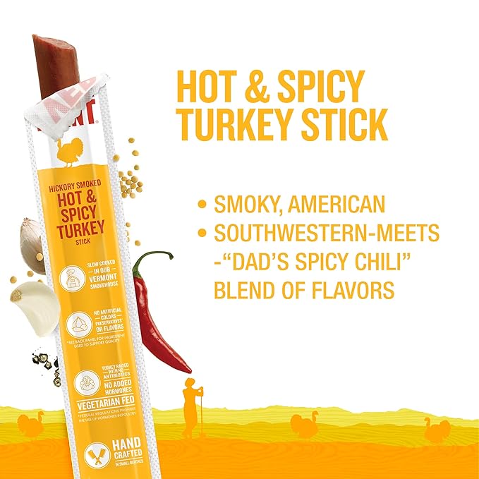 Vermont Smoke & Cure - Hot & Spicy Turkey Protein Snack - Portable Meat Snack for Adults & Kids - Smoky Chili Turkey Sticks - Individually Wrapped Jerky Snacks 1oz - 24 Count