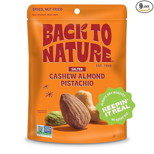 Back to Nature Premium Nut Mix - Cashew, Almond & Pistachio Blend, Dry Roasted with Sea Salt, Non-GMO High Protein Snacks, 9 Ounce (Pack of 9)