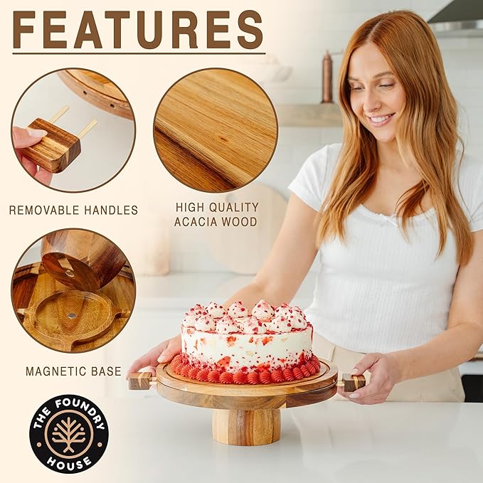 Acacia Wood Cake Stand with Lid – 3-in-1 Split Design, Magnetic Base with Detachable Handles & Acrylic Cake Stand Dome Cover – Charcuterie Board, Serving Platter for Cakes, Cheese & More (11”)