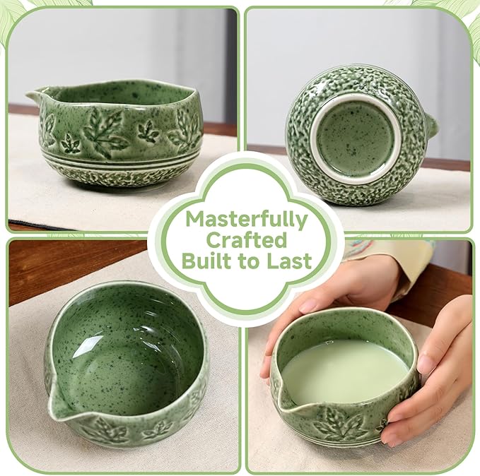 7 Pcs Matcha Whisk Set, Ceremony Matcha Kit with Matcha Bowl, Bamboo Whisk and Holder, Scoop and Scoop Rest, Sifter and Tea Towel, Gift for Matcha Lovers (Mottled Green/Maple Leaf-Patterned)