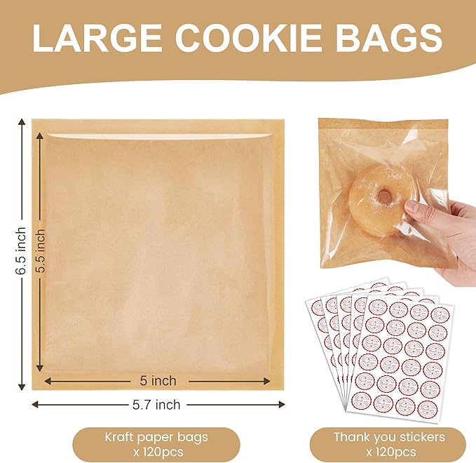 120 Pack Cookie Bags with Seal and Stickers, 5.7 x 6.5 Inch Paper Bakery Bags with Window, Heat-Sealable, Greaseproof Paper Bags Perfect for Treat, Donuts, Cake Slices, Scones, and Brownies
