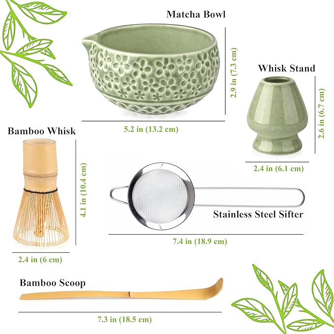 Matcha Whisk Set- Matcha Set includes Matcha Whisk and Bowl, Sifter, Holder and Scoop- The Perfect Bamboo Whisk for Matcha Tea (Molted Green)
