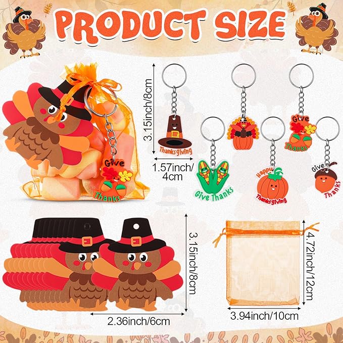 90 Pcs /30 Set Friendsgiving Party Favors for Guests Includes Thanksgiving Turkey Keychain with Organza Bags and Thank You Card for Thanksgiving Fall Party Supplies Guest Friends Gift