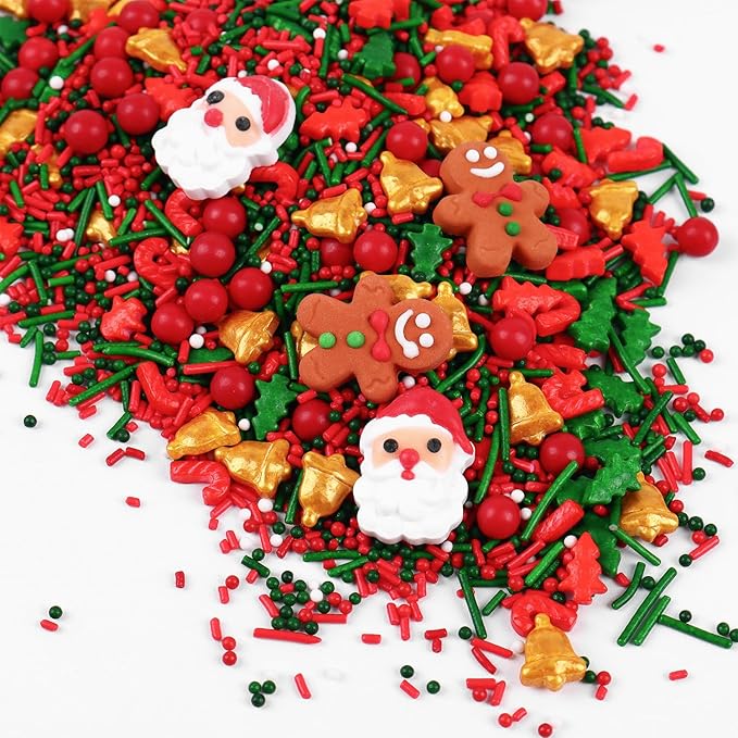 Christmas Sprinkles Mix with 4 Santa & 2 Gingerbread Man Icing Decorations - 4.2oz Red Green Jimmies, Nonpareils, Trees, Candy Canes Holidy Sprinkles for Cake Cookie Cupcake Xmas Decorations