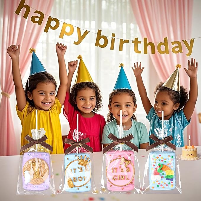 RomanticBaking 50 Sets Clear Rice Krispie Treat Bags with Brown Ribbon Bow and Stick & Flat Cellophane Clear Bags for Rice Krispie Treats Gift Giving Bag(Gold)