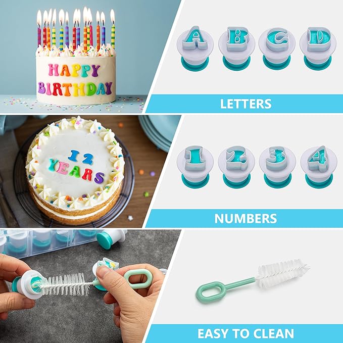 Crea Cake® 36 pcs Fondant Alphabet Letter Cutters, BPA Free Letter Plunger for Cake Letters Edible, Alphabet Cookie Cutters, Number & Letter Cutters for Cake Decorating, Stamps in Storagebox and Brush