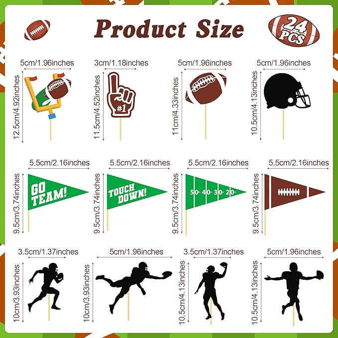 24 Pcs Football Cupcake Toppers, Disposable Foot Ball Themed Toothpicks, Touchdown Players Flagship Cake Toppers, Football Party Decorations for Sports Theme Baby Shower Birthday Party Supplies