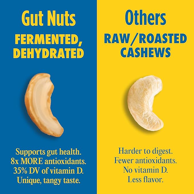 Gut Nuts - Fermented and Sprouted "Sourdough" Cashews for Gut Health - Tangy, Umami, & Salty Flavors - Super Crunchy Low Carb Keto Snacks - Low Sugar Prebiotic & Postbiotic Cashew Snacks - 3oz Pouch (6 Pack) - by Philosopher Foods